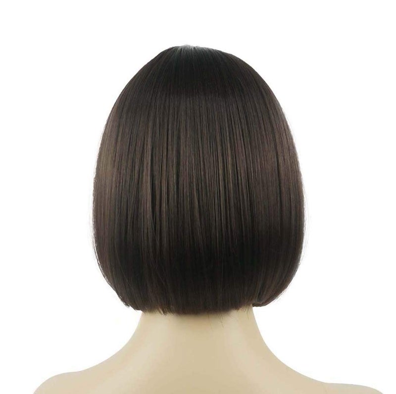 Lydell 8" Straight Short Bob Hair Flat Bangs Cute Central Dot Skin Top Heat Resistant Synthetic Wigs (6 Chestnut Brown) - Image 5